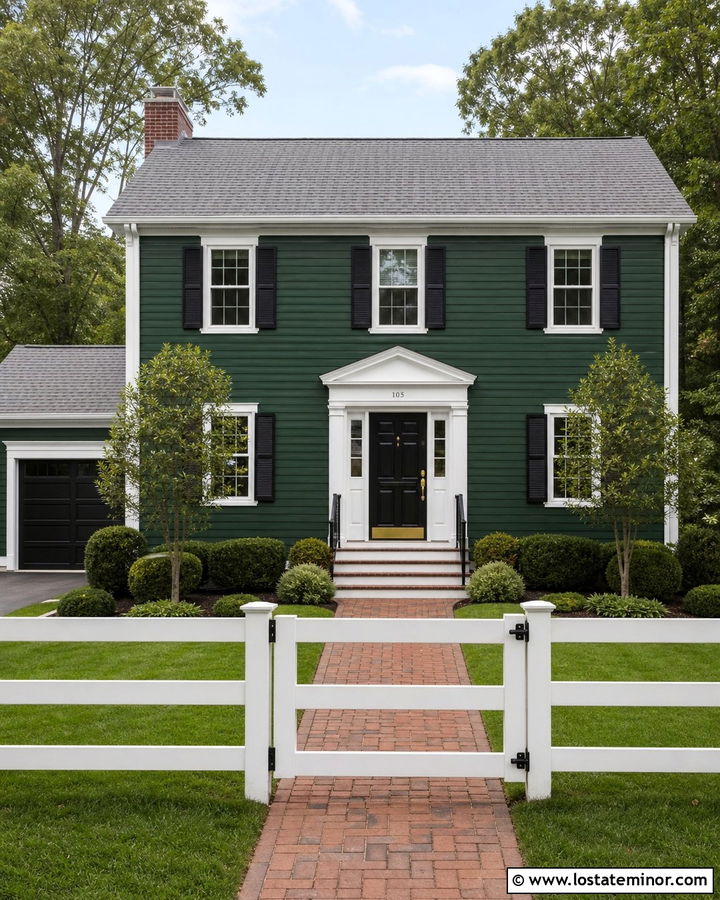 Forest Green Colonial House With White Board Fence - 30 Forest Green House Design With Fence Ideas