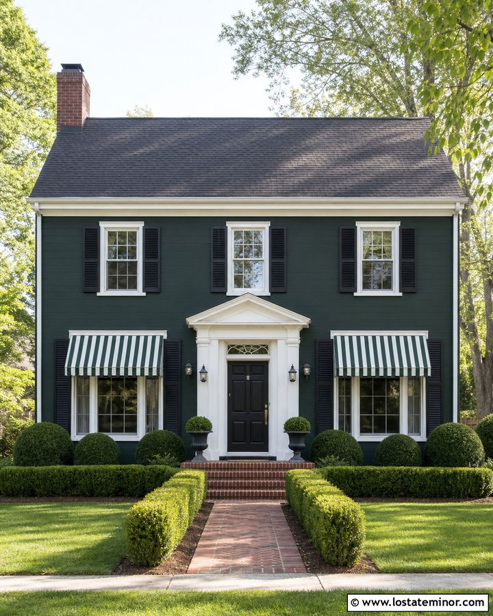 Forest Green Colonial House With White Striped Awnings - 30 Forest Green House Design With Awning Ideas