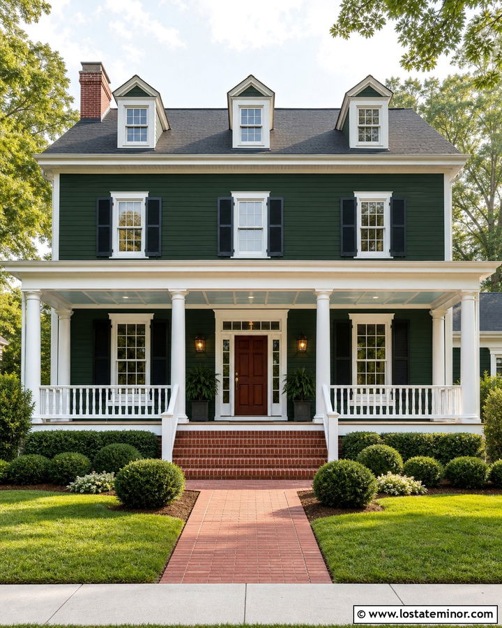 Forest Green Colonial Revival With Coffered Blue Ceiling - 30 Forest Green House Design With Porch Ceiling Ideas