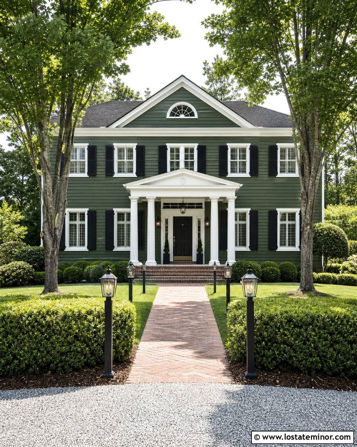 Forest Green Colonial Revival With Post Lights - 30 Forest Green House Design With Light Fixtures Ideas