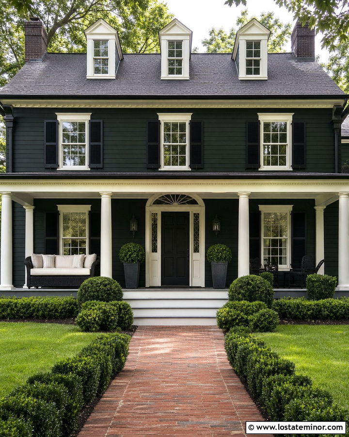 Forest Green Colonial With Black Wicker Daybed - 30 Forest Green House Design With Daybed Ideas