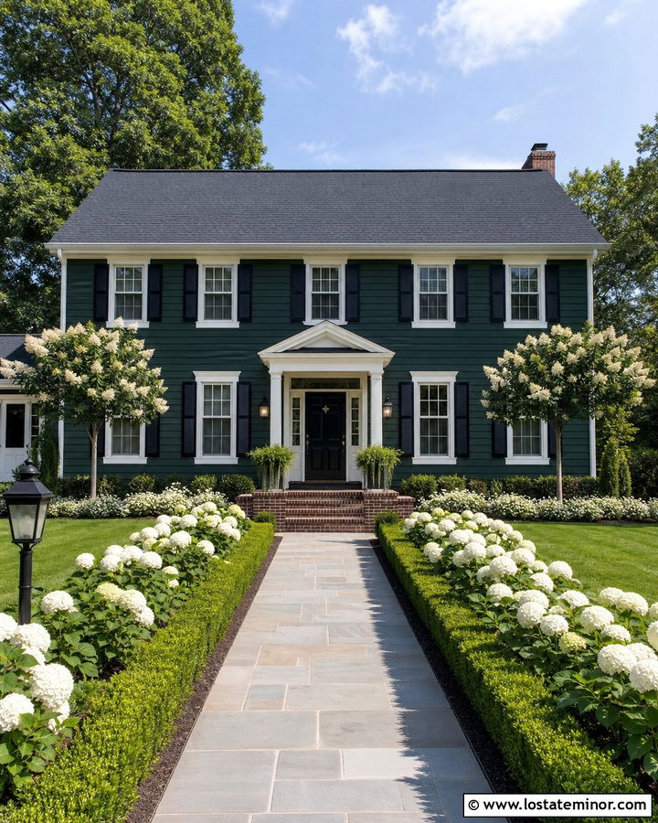 Forest Green Colonial With Boxwood Borders - 30 Forest Green House Design With Front Yard Ideas