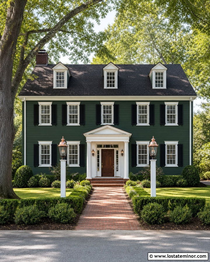 Forest Green Colonial With Copper Lanterns - 30 Forest Green House Design With Lighting Ideas
