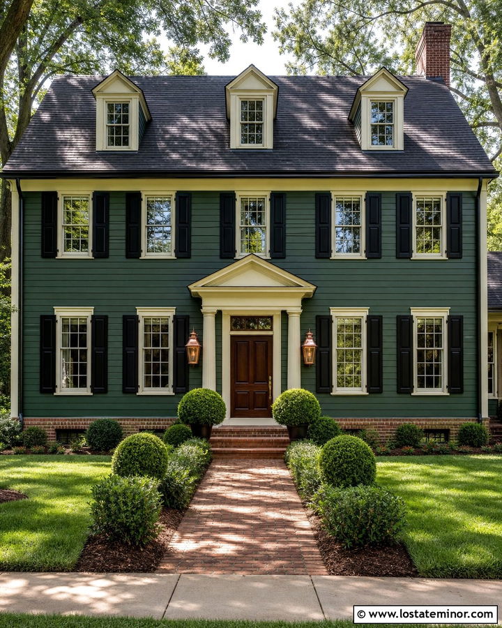 Forest Green Colonial With Copper Lights - 30 Forest Green House Design With Light Fixtures Ideas