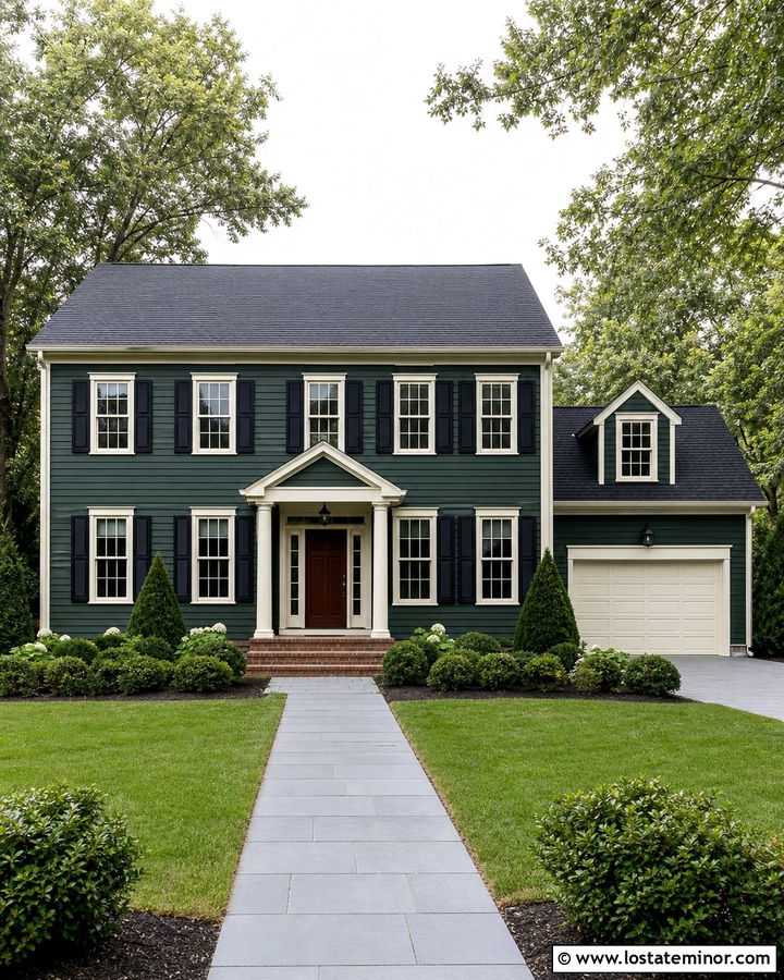 Forest Green Colonial With Cream Garage Door - 30 Forest Green House Design With Garage Door Ideas