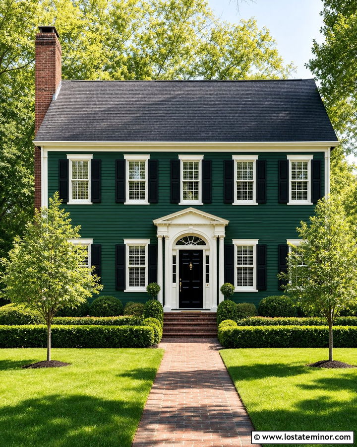 Forest Green Colonial With Red Brick Chimney - 30 Forest Green House Design With Chimney Ideas