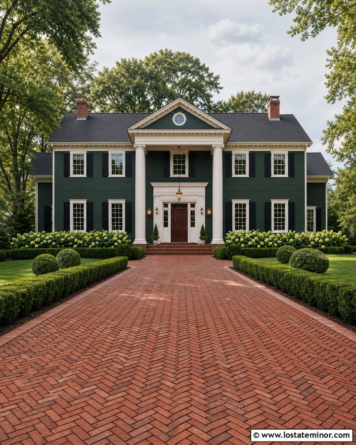 Forest Green Colonial With Red Brick Driveway - 30 Forest Green House Design With Driveway Ideas