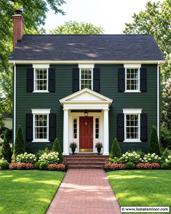 Forest Green Colonial With Red Door Portico - 30 Forest Green House Design With Portico Ideas
