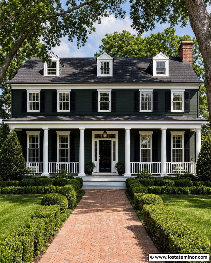 Forest Green Colonial With Round White Columns - 30 Forest Green House Design With Porch Columns Ideas