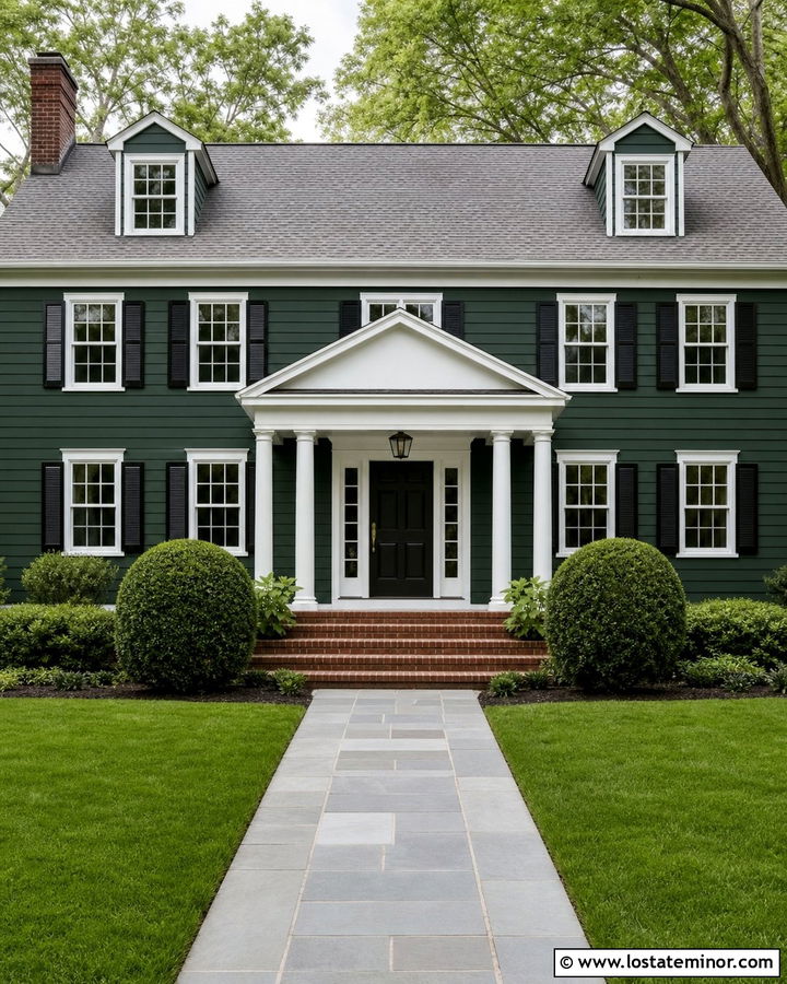 Forest Green Colonial With White Gabled Portico - 30 Forest Green House Design With Portico Ideas