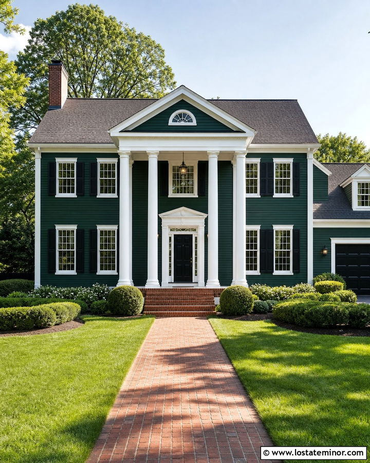 Forest Green Colonial With White Porch Ceiling - 30 Forest Green House Design With Porch Ceiling Ideas