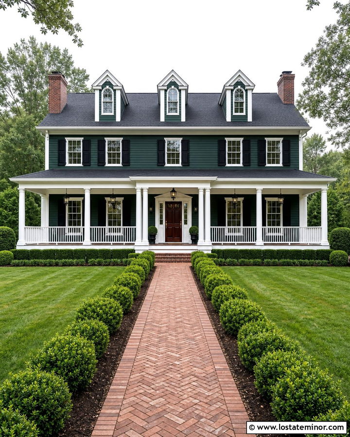 Forest Green Colonial With White Porch Railings - 30 Forest Green House Design With Railings Ideas