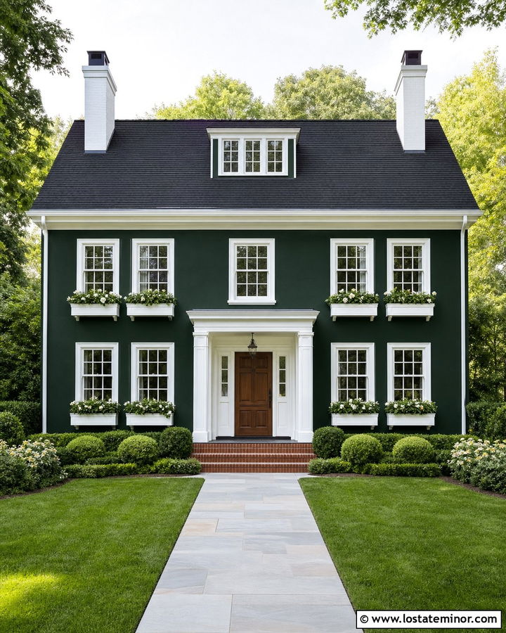 Forest Green Colonial With White Window Boxes - 30 Forest Green House Design With Window Boxes Ideas
