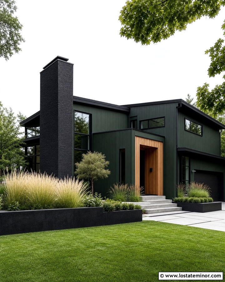 Forest Green Contemporary House With Black Brick Chimney - 30 Forest Green House Design With Chimney Ideas