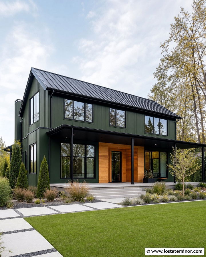 Forest Green Contemporary House With Black Porch Ceiling - 30 Forest Green House Design With Porch Ceiling Ideas