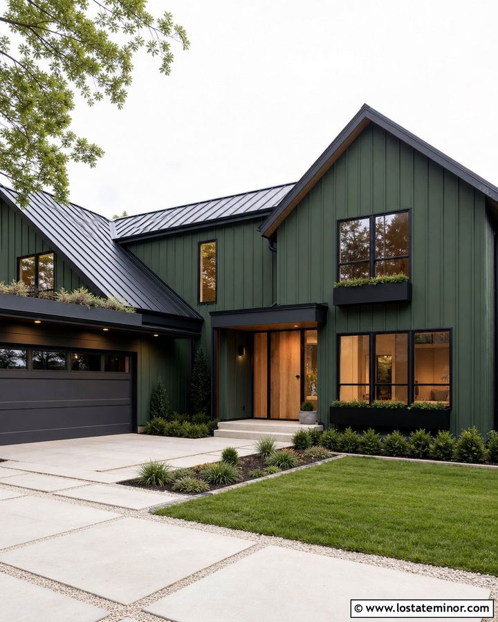 Forest Green Contemporary House With Black Steel Window Boxes - 30 Forest Green House Design With Window Boxes Ideas