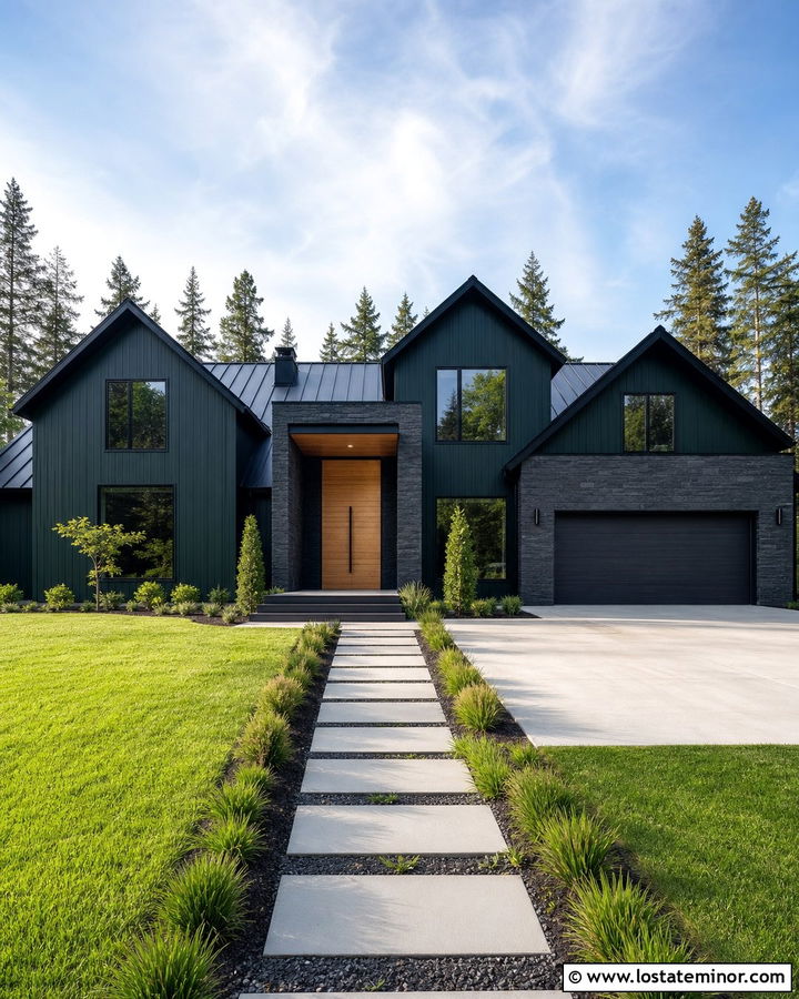 Forest Green Contemporary House With Black Stone - 30 Forest Green House Design With Stone Accents Ideas