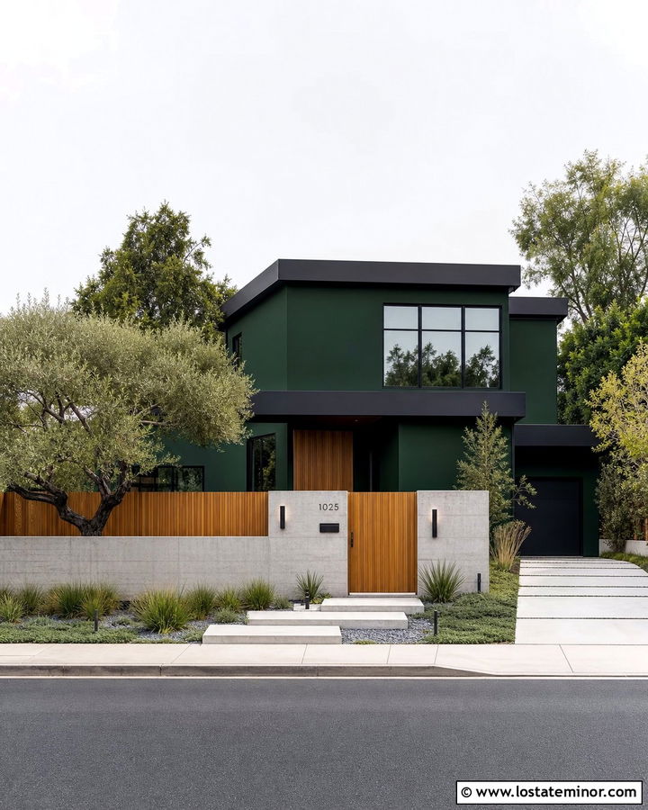 Forest Green Contemporary House With Concrete And Wood Fence - 30 Forest Green House Design With Fence Ideas