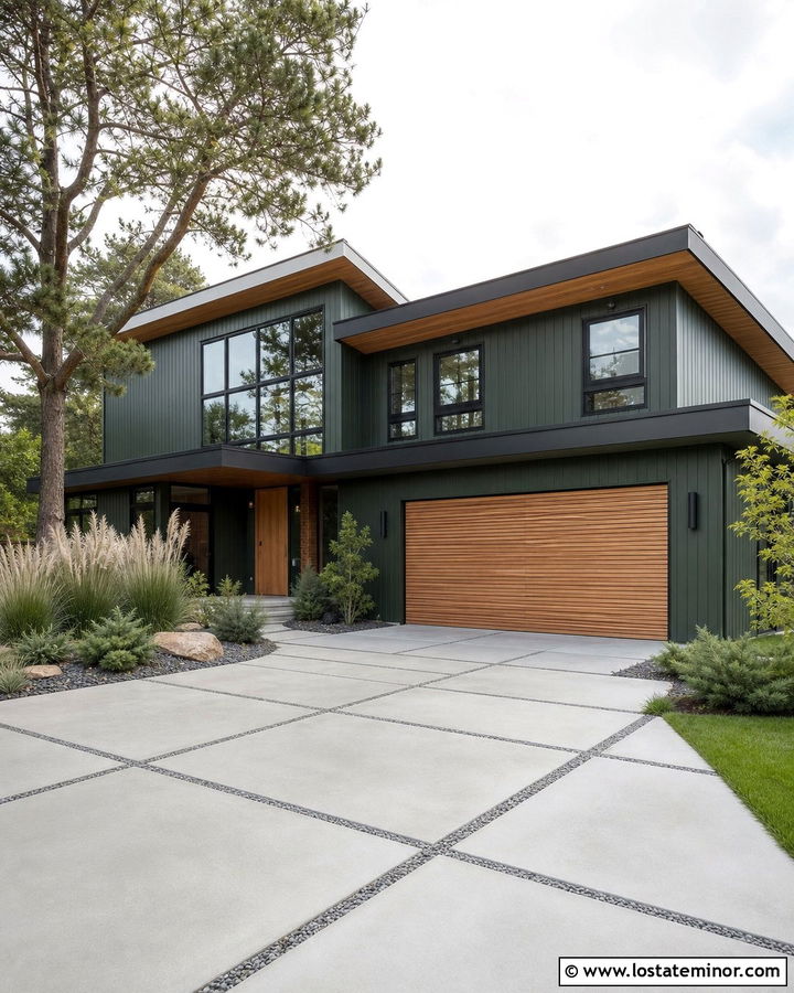 Forest Green Contemporary House With Concrete Paver Driveway - 30 Forest Green House Design With Driveway Ideas