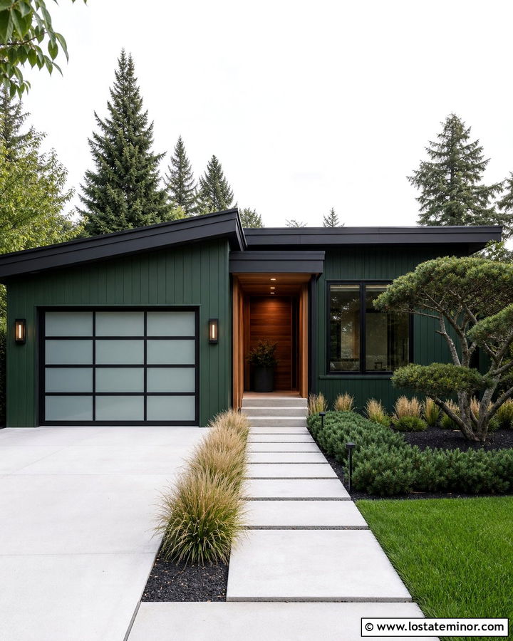 Forest Green Contemporary House With Glass Garage Door - 30 Forest Green House Design With Garage Door Ideas