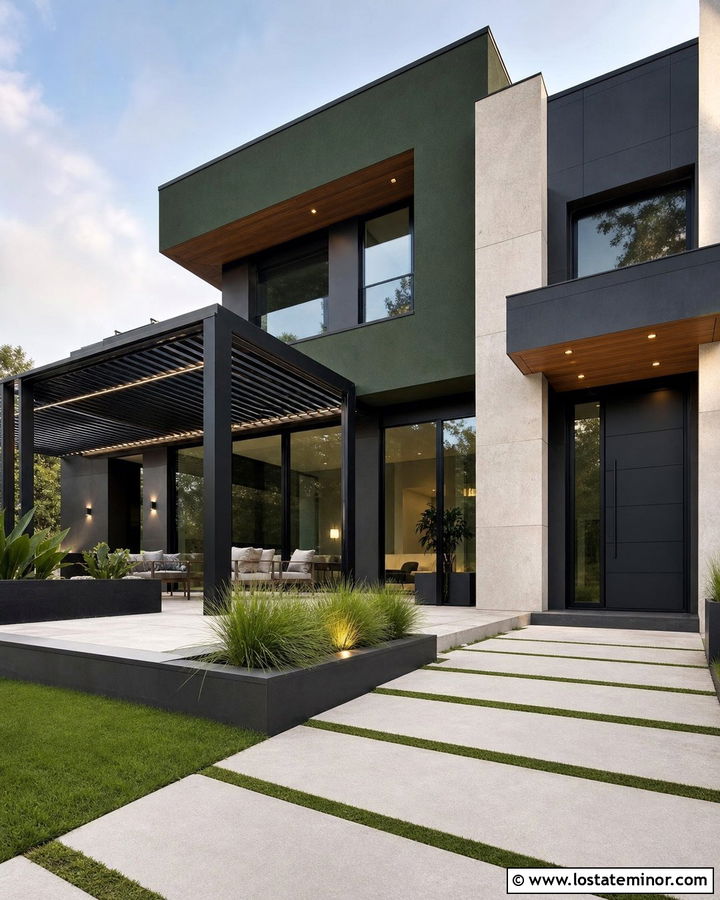 Forest Green Contemporary House With Louvered Pergola - 30 Forest Green House Design With Pergola Ideas