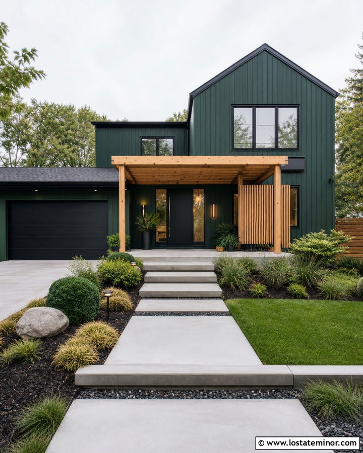 Forest Green Contemporary House With Pergola Porch - 30 Forest Green House Design With Front Porch Ideas