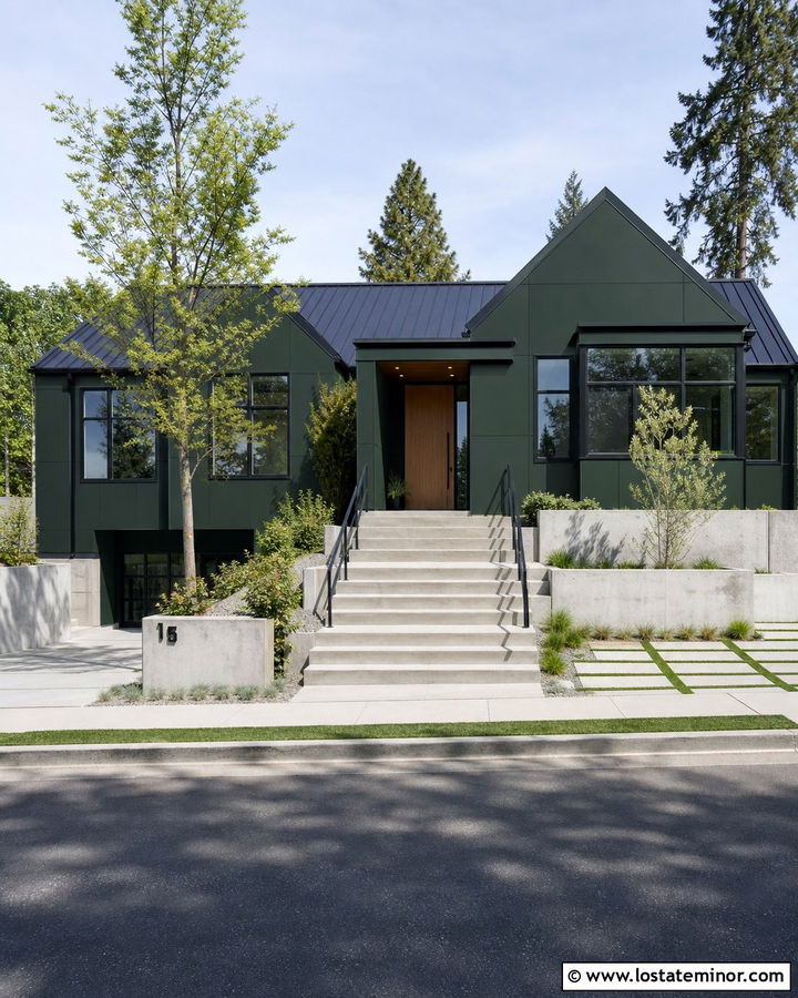 Forest Green Contemporary House With Steel Rail Steps - 30 Forest Green House Design With Steps Ideas