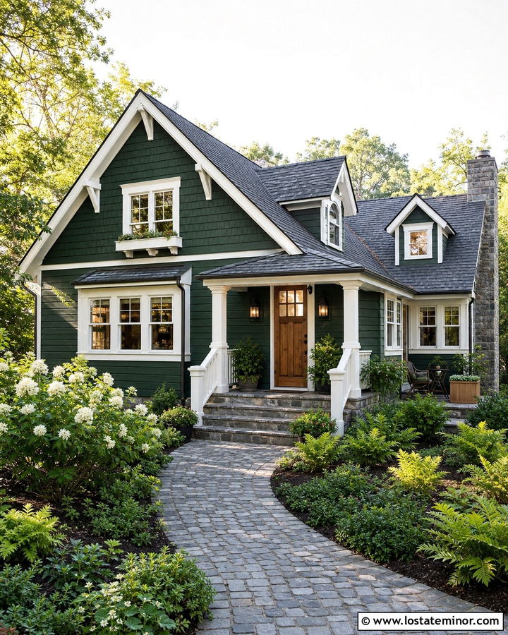 Forest Green Cottage House With Cobblestone Steps - 30 Forest Green House Design With Steps Ideas