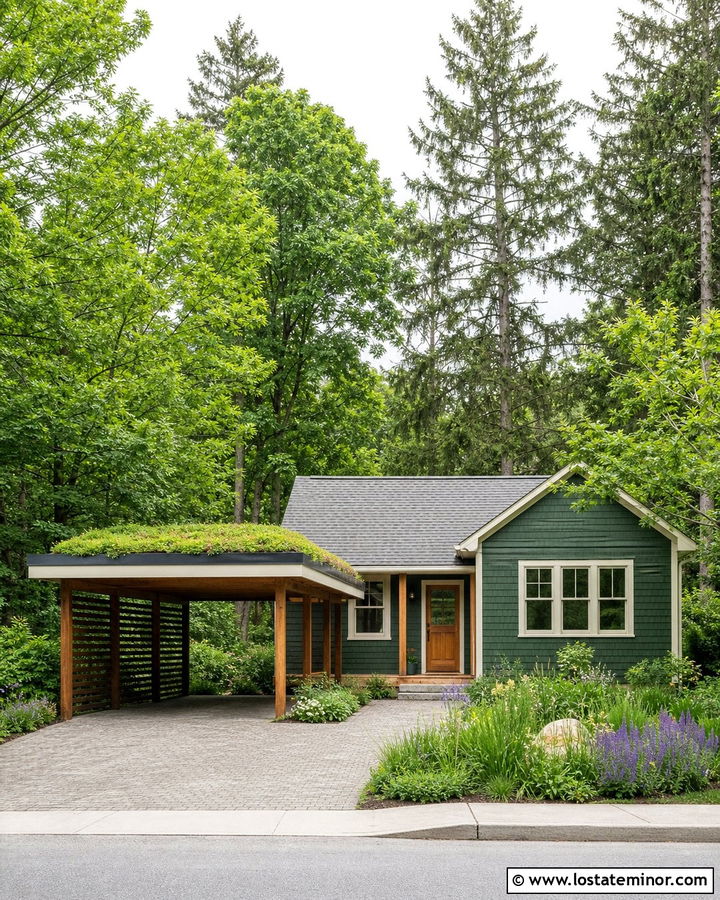 Forest Green Cottage House With Green Roof Carport - 30 Forest Green House Design With Carport Ideas