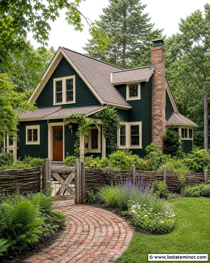 Forest Green Cottage House With Woven Wood Fence - 30 Forest Green House Design With Fence Ideas