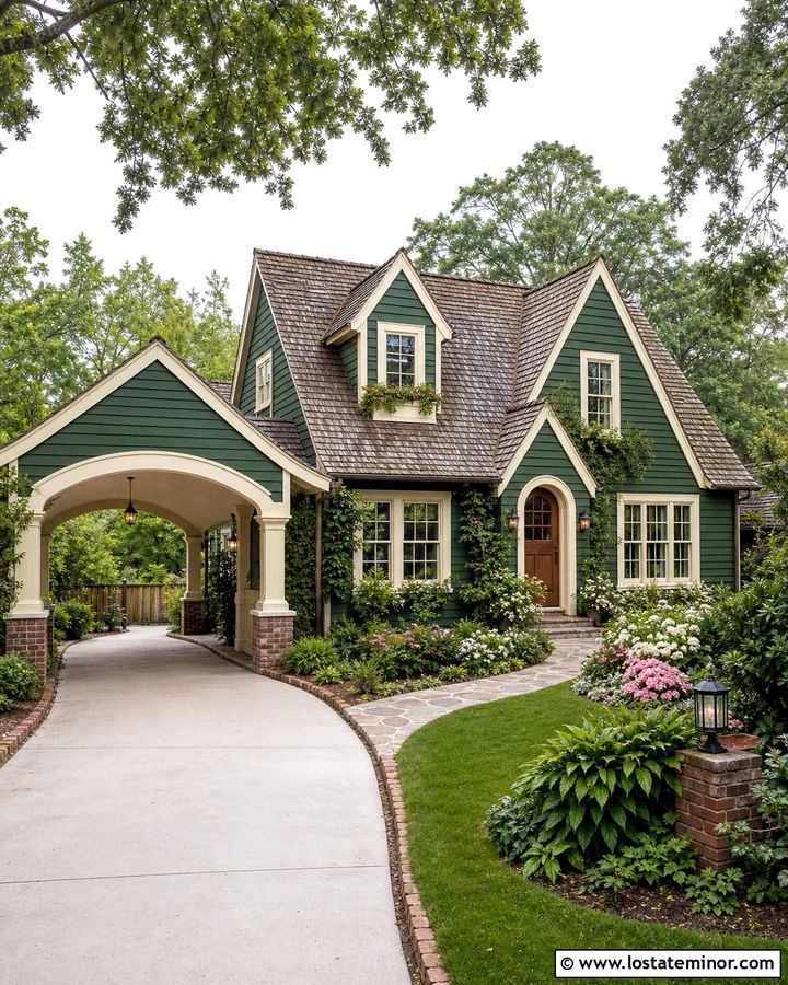 Forest Green Cottage With Arched Carport - 30 Forest Green House Design With Carport Ideas