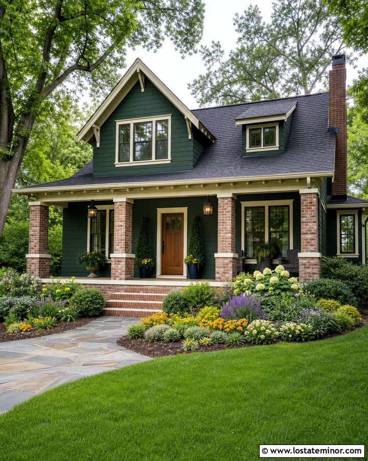 Forest Green Cottage With Brick Porch Columns - 30 Forest Green House Design With Porch Columns Ideas