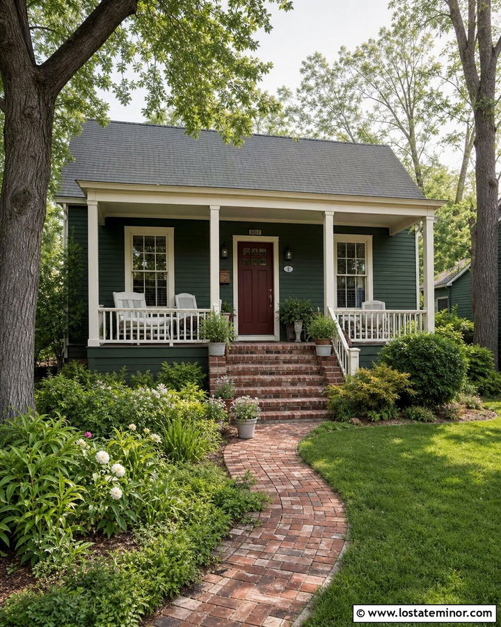 Forest Green Cottage With Brick Porch Steps - 30 Forest Green House Design With Front Porch Ideas