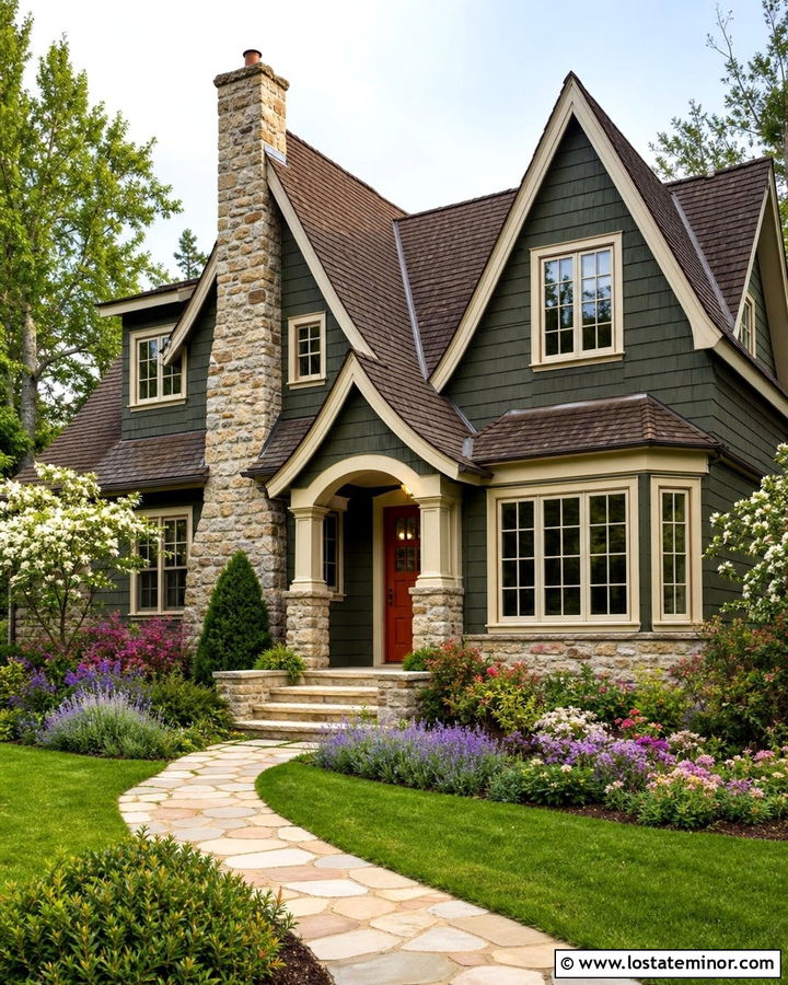 Forest Green Cottage With Buff Stone - 30 Forest Green House Design With Stone Accents Ideas