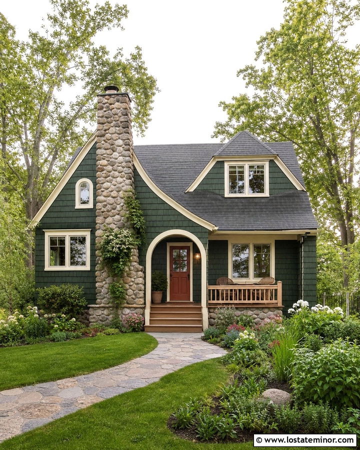 Forest Green Cottage With Cobblestone Chimney - 30 Forest Green House Design With Chimney Ideas
