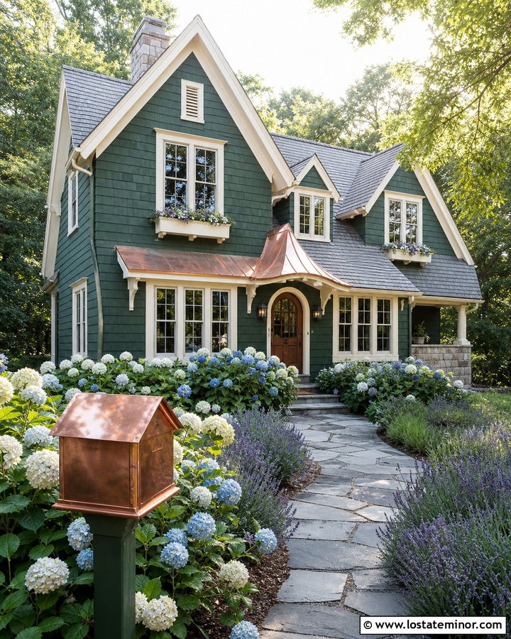 Forest Green Cottage With Copper Mailbox - 30 Forest Green House Design With Mailbox Ideas