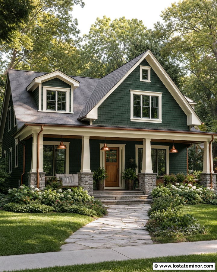 Forest Green Cottage With Copper Pendant Lights - 30 Forest Green House Design With Light Fixtures Ideas