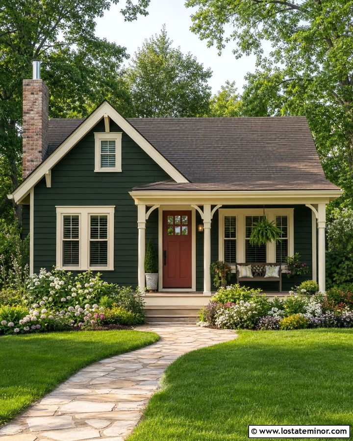 Forest Green Cottage With Cream Porch Ceiling - 30 Forest Green House Design With Porch Ceiling Ideas