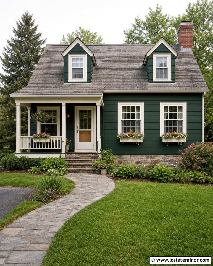 Forest Green Cottage With Cream Storm Door - 30 Forest Green House Design With Storm Door Ideas