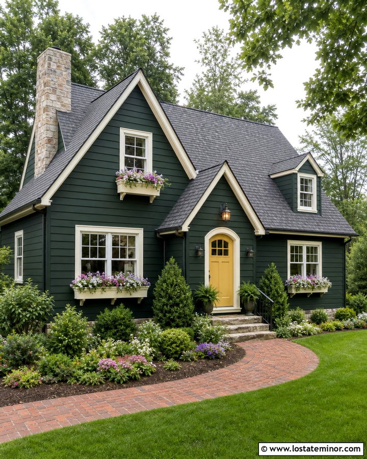 Forest Green Cottage With Cream Window Boxes - 30 Forest Green House Design With Window Boxes Ideas