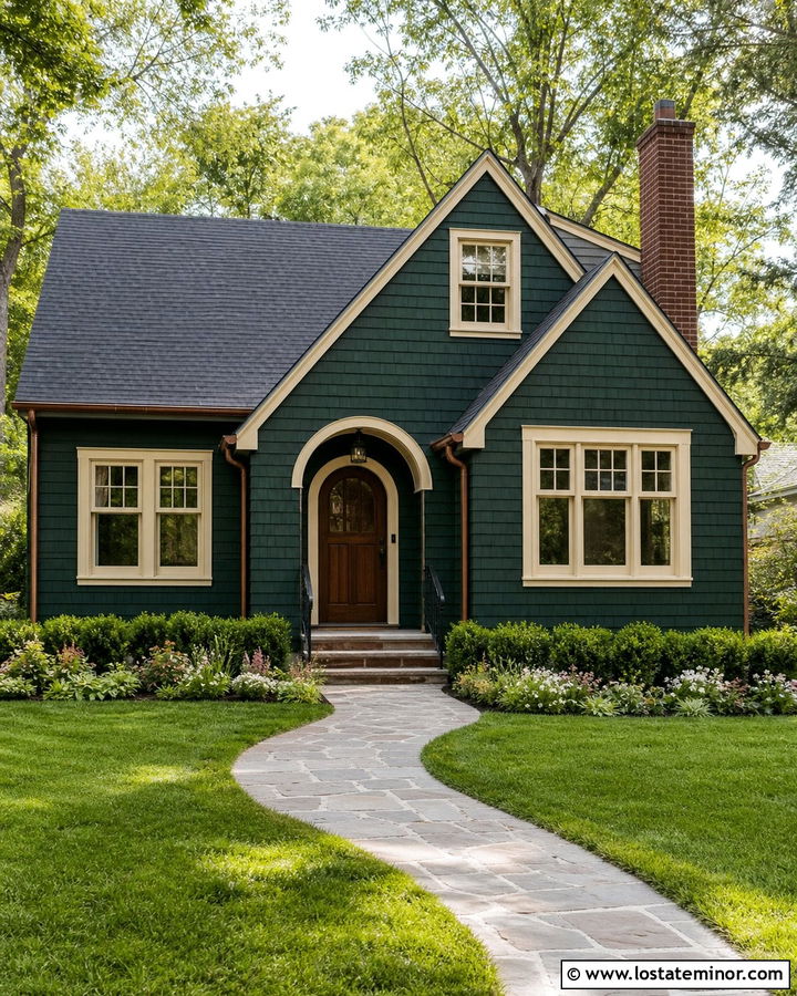 Forest Green Cottage With Cream Window Frames - 30 Forest Green House Design With Window Frames Ideas