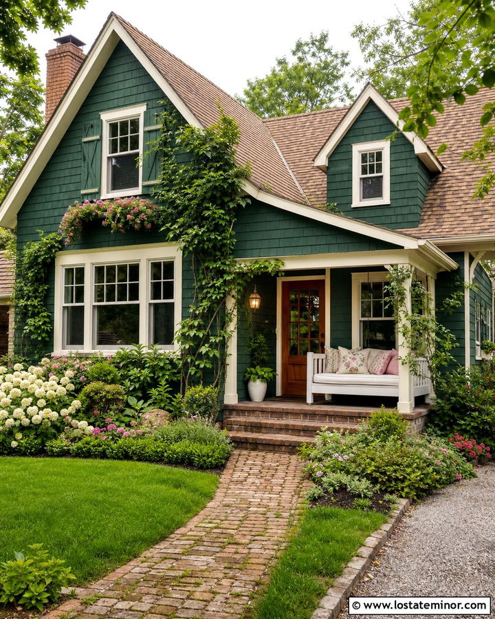 Forest Green Cottage With Floral Porch Daybed - 30 Forest Green House Design With Daybed Ideas
