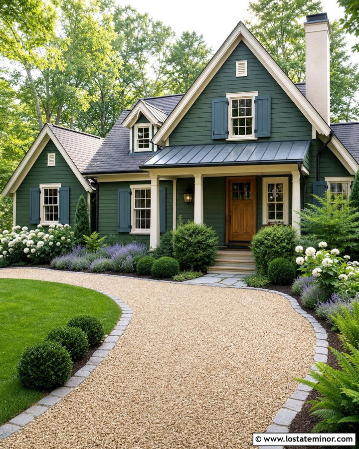 Forest Green Cottage With Pea Gravel Driveway - 30 Forest Green House Design With Driveway Ideas