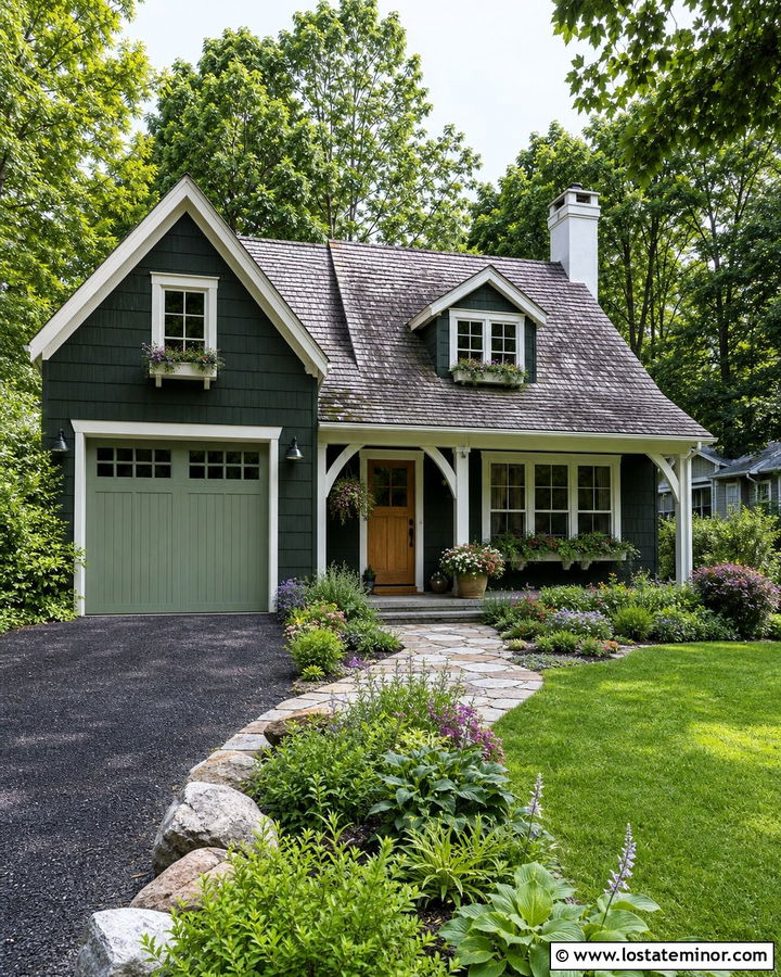 Forest Green Cottage With Sage Garage Door - 30 Forest Green House Design With Garage Door Ideas