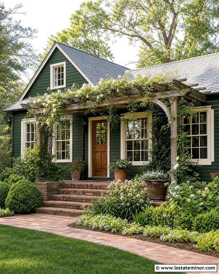 Forest Green Cottage With Vine Covered Pergola - 30 Forest Green House Design With Pergola Ideas