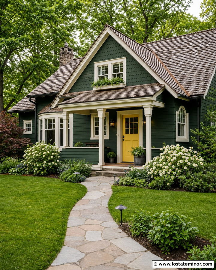 Forest Green Cottage With Vintage Wall Sconces - 30 Forest Green House Design With Lighting Ideas