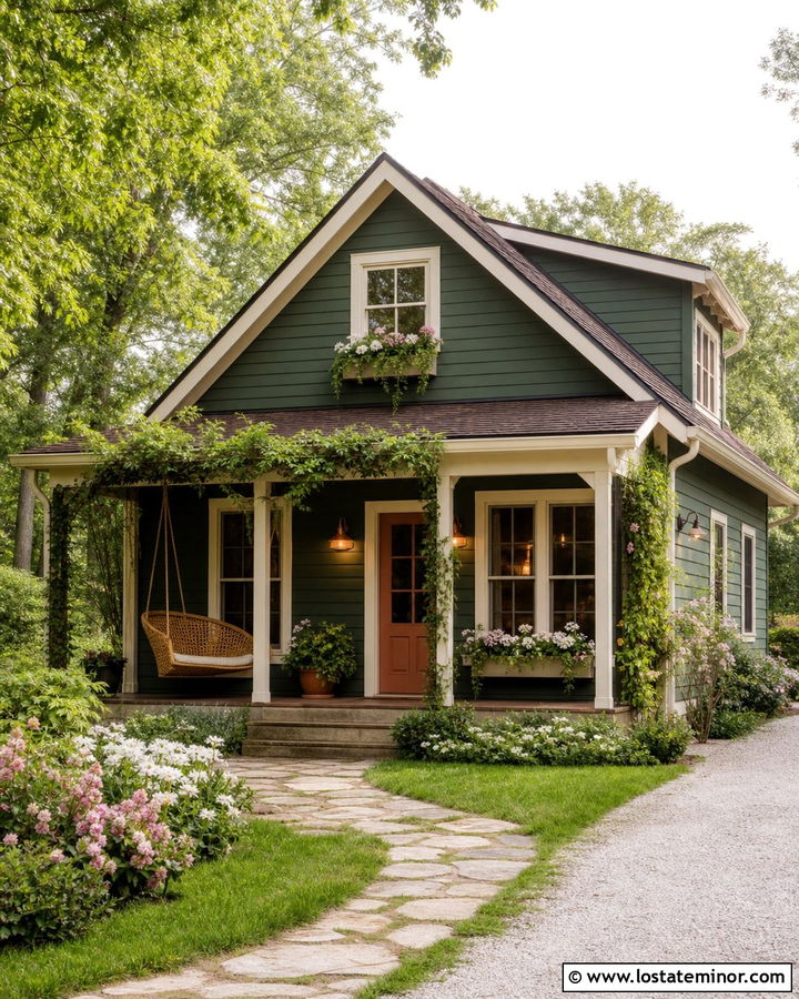 Forest Green Cottage With Wicker Porch Swing - 30 Forest Green House Design With Swing Ideas