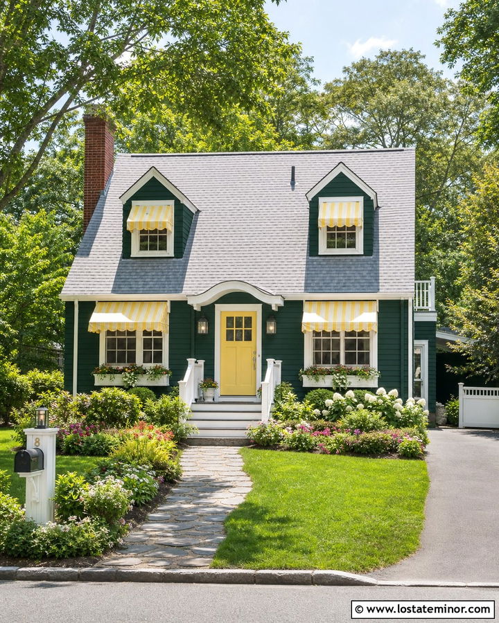 Forest Green Cottage With Yellow Striped Awnings - 30 Forest Green House Design With Awning Ideas
