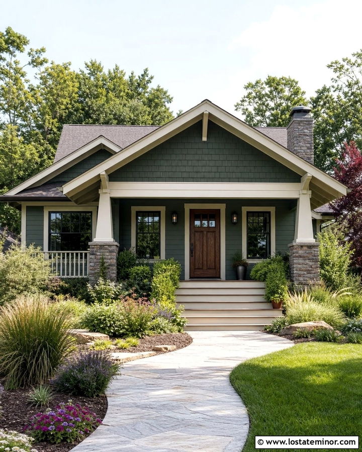 Forest Green Craftsman Bungalow With Tapered Portico Columns - 30 Forest Green House Design With Portico Ideas