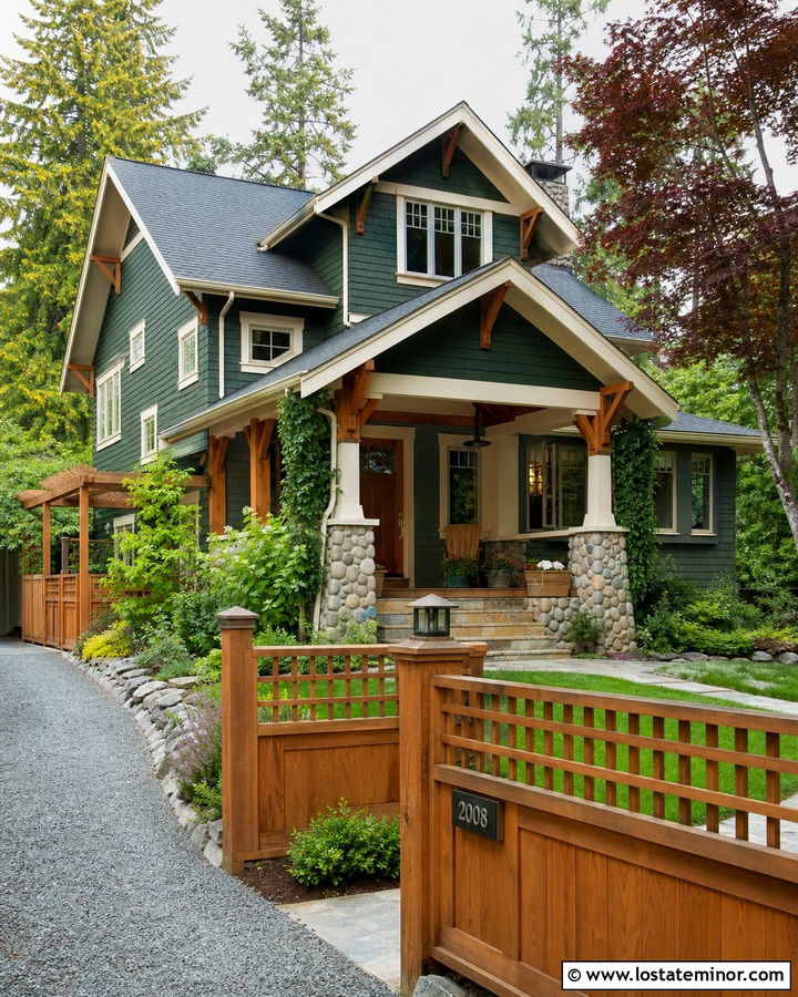 Forest Green Craftsman House With Cedar Lattice Fence - 30 Forest Green House Design With Fence Ideas